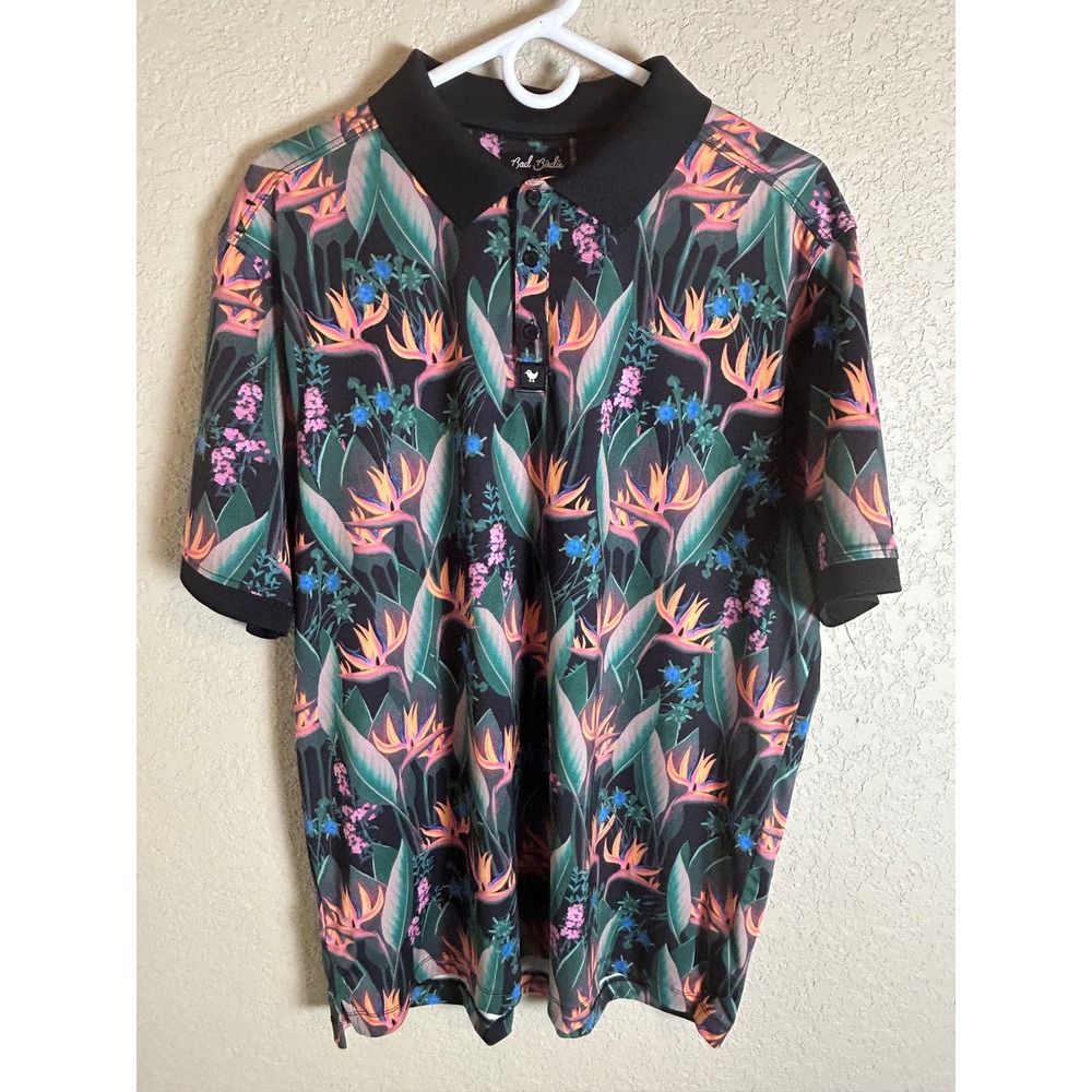 Bad Birdie Golf Polo Mens XL Black Floral Bird of Paradise Tropical